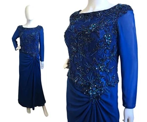 FERIANI Couture Dress Blue Beaded Fitted Evening Ankle Length Gown Size 14 - Picture 1 of 9