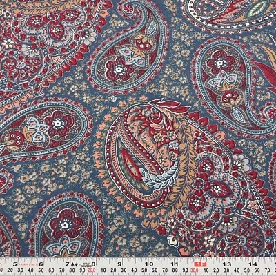 Vintage Joan Kessler Floral Paisley Blue Cotton Fabric Remnant 11" x 43" - Image 1 of 2