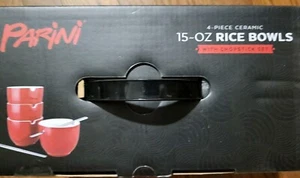 Parini Set Of 4 Red Ceramic Rice Bowls With 8 Stainless Steel Chopsticks New - Picture 1 of 3