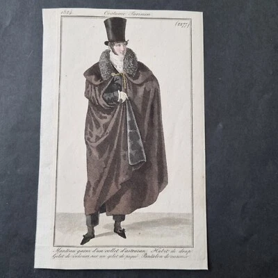 Gravure de Mode Homme 1824 Costume Parisien Chapeau Manteau Fashion Etching - Photo 1/4