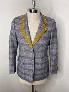 The GiGi Wool Blazer Jacket Plaid Blue Gold Velvet Collar Mens EU 40 US 30 Italy - Picture 1 of 12