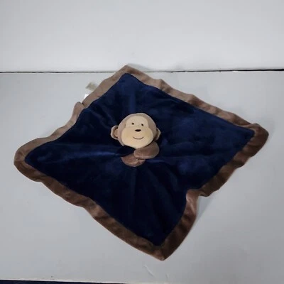 Carter's Navy Dark Blue Brown Monkey Baby Security Blanket Satin Lovey - Image 1 of 2