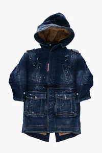 Dsquared2 Premium Hooded Denim Jacket Long Coat Parka Fur Sherpa Lining Small - Picture 1 of 4