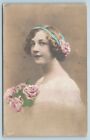 Postcard Studio Real Photo RPPC Tinted Woman With Flowers AG10