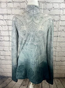 prAna Sweater Top Women's M Gray Polyester Front Quarter Zip Floral Long Sleeve - Picture 1 of 6
