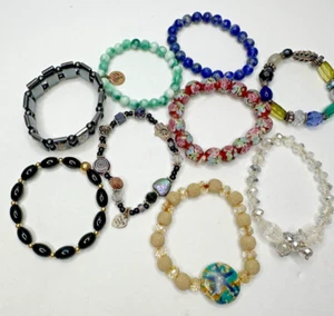Bracelets Cloisonne Gemstone Abalone Stretch Lot 9 Black Glass Multicolor - Picture 1 of 7