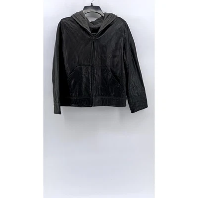 ANDREW MARC Women’s Petite Black Leather Hooded Zip-Up Jacket SZ PS - Image 1 of 4
