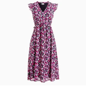 New! J.Crew: Cap Sleeve Ruffle Tiered Pleated Floral Print Midi Dress Sz  6 - Picture 1 of 5