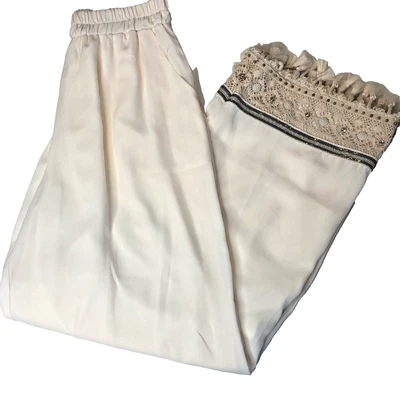Moda Luxe Ivory Pants w/ Knit & Fringe Details, Pockets, Elastic Waistband, M - Image 1 of 4