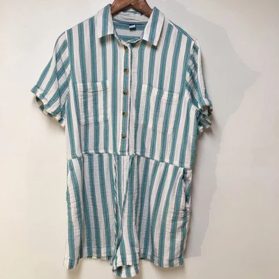 Antiguo Mameluco Azul Marino Mujer L Azul Rayas Gasa Cincha Bolsillos 100% Algodón Playa Botón Foto 1 de 4