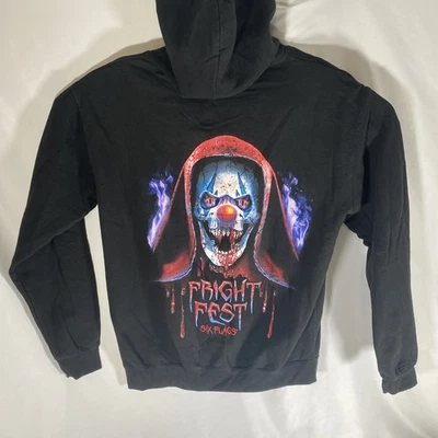 Sudadera con Capucha Six Flags Fright Fest Para Hombre L Negra Halloween Horror Payaso Estampado Puff Foto 1 de 4