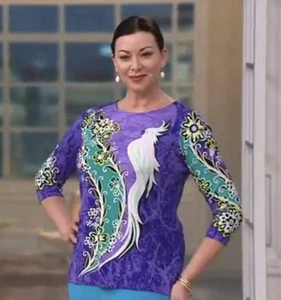 Bob Mackie 3/4 Sleeve Cockatoo Floral Printed Knit Top Size 1X Purple A290590 - Picture 1 of 12