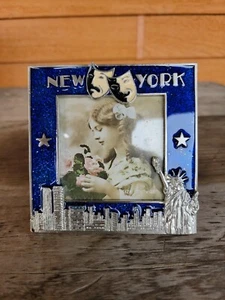New York NY Picture Frame City Skyline Blue enamel Statue of liberty Apx 3x3" Pi - Picture 1 of 13