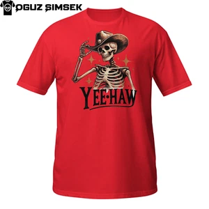 Yeehaw Skeleton Cowboy T-Shirt | Funny Western Grim Cowboy Graphic Tee - Picture 1 of 33