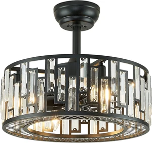 Crystal Caged Ceiling Fan Light Modern Black Fandelier with Remote Control Blade - Picture 1 of 7