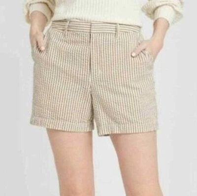 Novo A NEW DAY Tamanho 2 S XS Bege Marrom Creme Branco Pin Listra SEERSUCKER Shorts - Imagem 1 de 4