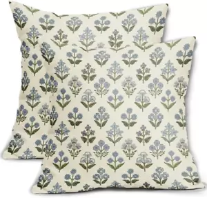 Blue Green Block Print Pillow Covers 18X18 Inch Set of 2, Vintage Floral Spring - Picture 1 of 8