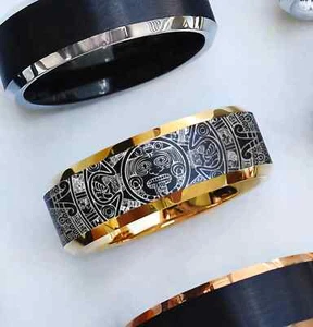 Engraved Ancient Aztec Calendar Pattern Promise Wedding Engagement Ring - 8mm - Picture 1 of 2