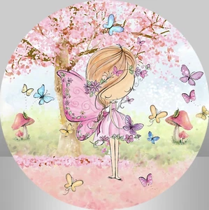 FAIRY FOREST FLOWERS BUTTERFLY MAGIC PINK PARTY ROUND BIRTHDAY BANNER BACKDROP - Bild 1 von 2