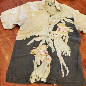 TOMMY BAHAMA MENS SMALL HAWAIIAN SHIRT 100% LINEN HULA GIRL UKULELE LEAVES BLACK - Picture 1 of 10