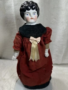 15" German China Head Hertwig Low Brow Cloth Body Doll Red Dress BLACK HAIR - Picture 1 of 13