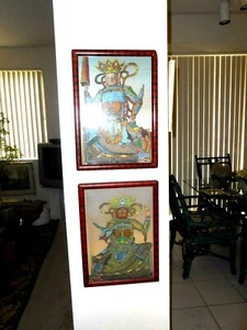 VINTAGE/ANTIQUE 2 COORDINATING ORIENTAL FRAMED TEXTILE--12" X 16 1/2" (OUTSIDE) - Picture 1 of 3