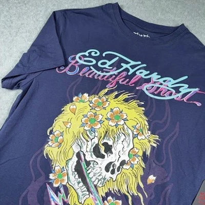 Camiseta Ed by Ed Hardy Para Hombre Grande Azul Hermosa Calavera Fantasma Floral EHM TJ1100 Foto 1 de 4