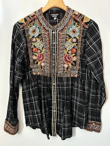 Johnny Was Workshop Embroidered Black Plaid Button-Down Blouse Shirt Top M B34 - Picture 1 of 24