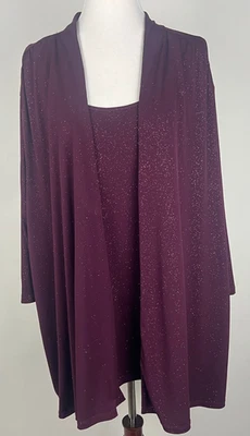 MAGGIE BARNES 3/4sl Soft Stretchy Sparkle Twofer (Tank/Cardigan) - 4X, Wine - Image 1 of 4