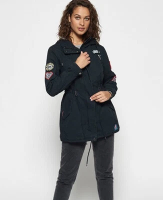 SUPERDRY Pacific нашивка парка с капюшоном куртки черный, полный молнии размер США 8/средний - Изображение 1 из 4