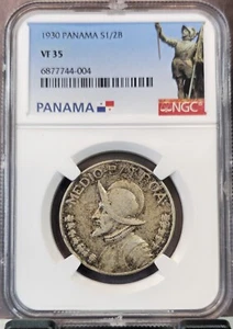 1930 PANAMA SILVER 1/2 BALBOA VASCO NUNEZ NGC VF 35 SCARCE GOOD LOOKING COIN - Picture 1 of 3