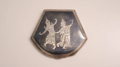 Ancien Poudrier en argent massif niellé sterling Siam Thailand XXe siècle - Photo 1/4