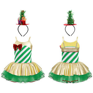 Girls Santa Christmas Costumes Candy Cane Sequins Leotard Tutu Xmas Dance Dress