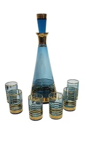 Bohemian Borske Sklo Glassworks Cobalt Blue Gilted Decanter and Glass Set Circa  - Bild 1 von 12