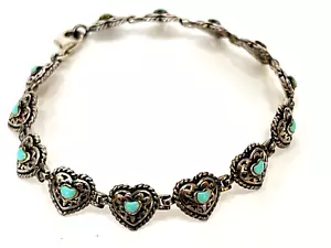 BRACCIALE VINTAGE NAVAJO CUORE TURCHESE ARGENTO STERLING FIRMATO CFJ - Foto 1 di 5