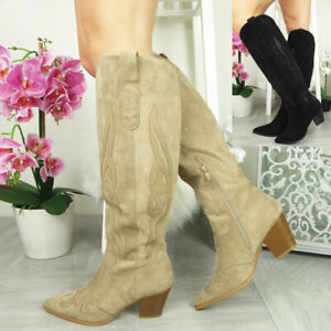 Cowboy Boots Shoes Ladies Mid Calf Womens Western Heel Faux Suede Zip Comfy Knee
