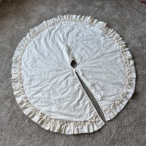Handmade Ivory Cotton Eyelet Christmas Tree Skirt Lace trim W/Maroon Ribbon 45" - Picture 1 of 11