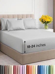 Extra Deep King Sheet Set - 6 Piece Breathable & Cooling Sheets - Hotel Luxury B - Picture 1 of 8
