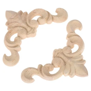 1/4pcs Unpainted Oak Wood Carved Corner Onlay Appliques Furniture Decorations - Picture 1 of 8