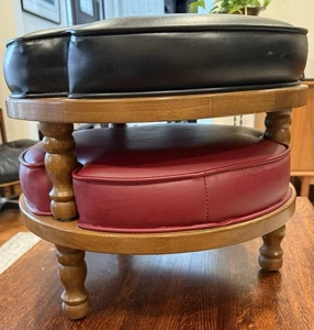 Stacking Round Ottoman Set of 2 MCM Vintage Black & Burgundy Footstool - Picture 1 of 8