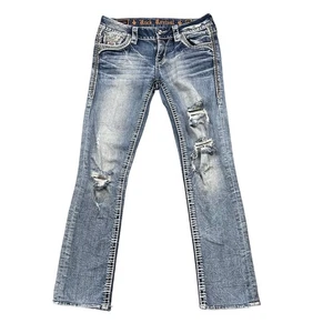 Y2K Rock Revival Jeans Mertie Straight Low Rise Jeans Embroidered Distressed 27 - Picture 1 of 11