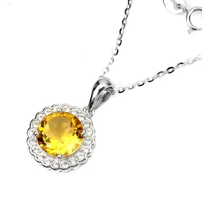 Collana in argento sterling 925 rotonda giallo citrino 9 mm topazio gemma... - Immagine 1 di 4