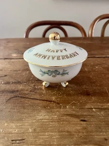 Vintage Lefton China Porcelain Happy Anniversary 6290 Footed Candy Dish w/ Lid - Picture 1 of 11