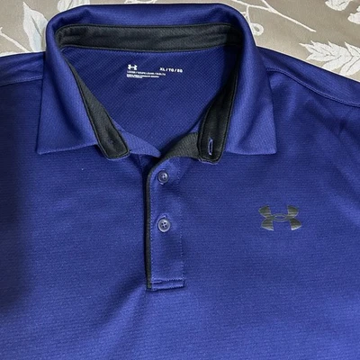 Under Armour Polo Shirt Mens XL Blue Black Logo Loose Short Sleeve Relaxed - Image 1 of 4