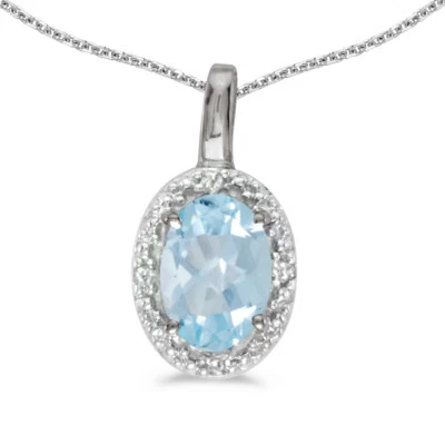 10k White Gold Oval Aquamarine And Diamond Pendant with 16" Chain - Image 1 of 3