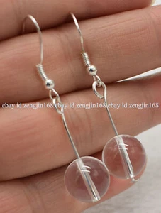 Natural 12MM White Clear Crystal Quartz Round Beads Dangle Silver Hook Earrings - Picture 1 of 12