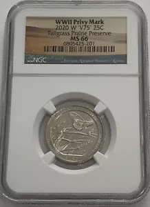 2020 W KANSAS TALLGRASS PRESERVE NGC MS66 V75 PRIVY QUARTER 25c WEST POINT - Foto 1 di 3