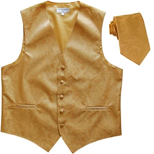 New Men's Formal Vest Tuxedo Waistcoat_necktie paisley slim fit wedding Gold - Picture 1 of 4