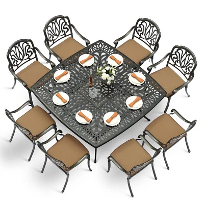 Juego de mesa y sillas cuadradas de aluminio fundido de 64" para muebles de exterior de 9 piezas Foto 1 de 4
