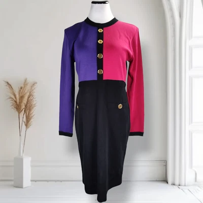 Vintage 80s Liz Claiborne Colorblock Dress Size M Acrylic Wool Knit Midi Career - Image 1 of 4